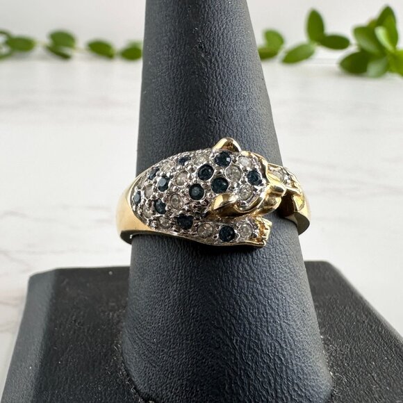 Gold-Tone Panther Ring With Blue & Clear Rhinestones Size 10 - Picture 7 of 8